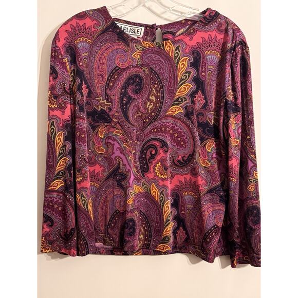 CARLISLE PAISLEY PRINT Jewel Tones Silk Blouse Top Puss Bow Boho Scarf Tie Sz 14 - Picture 1 of 9